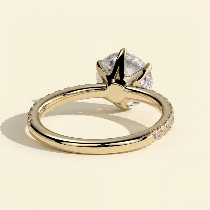 The Jolie - Round Cut Lab Grown Diamond Six Claw Solitaire with Crown Gallery and Pave Band Engagement Ring