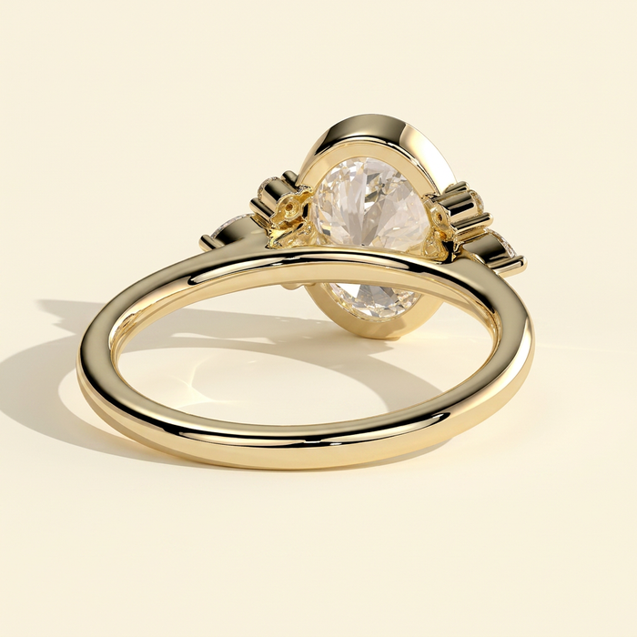 The Ziva - Oval Cut Lab Grown Diamond Bezel Set Solitaire with Marquise and Round Shoulder Stones Engagement Ring