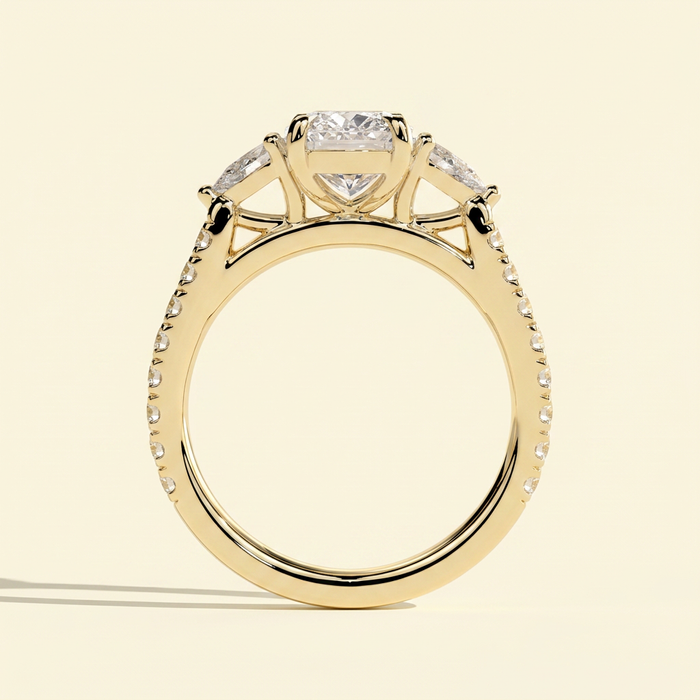 The Lyra - Elongated Cushion Cut Lab Grown Diamond Three Stone with Pave Band Engagement Ring