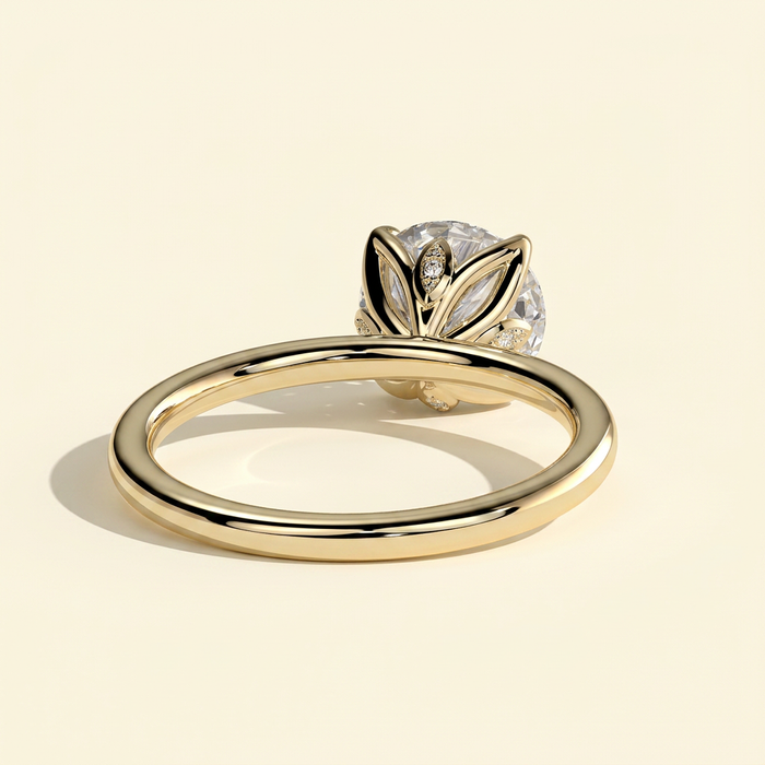 The Marea - Round Cut Lab Grown Diamond Petal Gallery Solitaire with Leaf Detail Engagement Ring