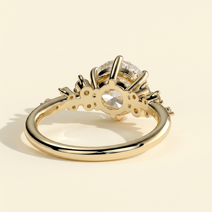 The Zephyra - Round Cut Lab Grown Diamond Basket Set Solitaire with Clustered Round Shoulder Stones Engagement Ring