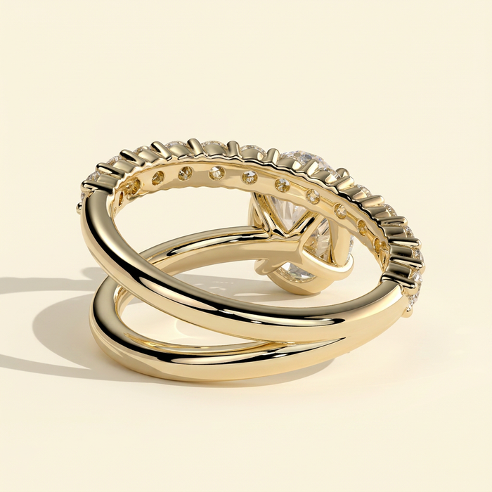 The Veora - Oval Cut Lab Grown Diamond Solitaire with Angled Pave Band and a Half Engagement Ring