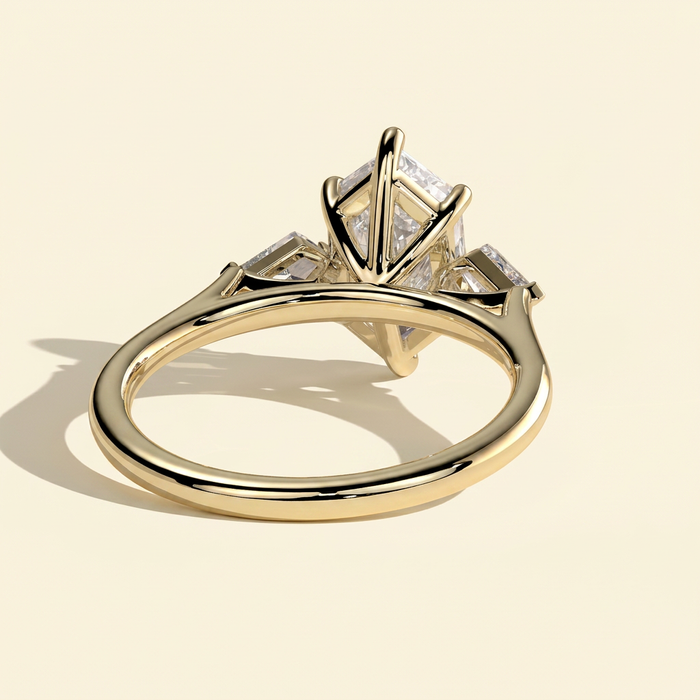 The Lavelle - Elongated Hexagon Cut Lab Grown Diamond Three Stone Engagement Ring with Kite Side Stones