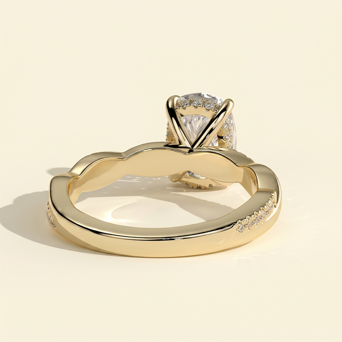 The Orella - Elongated Cushion Cut Lab Grown Diamond Hidden Halo Solitaire with Twisted Alternating Pave Band Engagement Ring