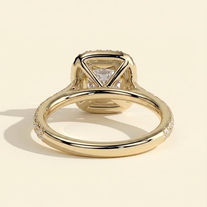 The Soleia - Cushion Cut Lab Grown Diamond Halo with Pave Band and Cathedral Setting Engagement Ring
