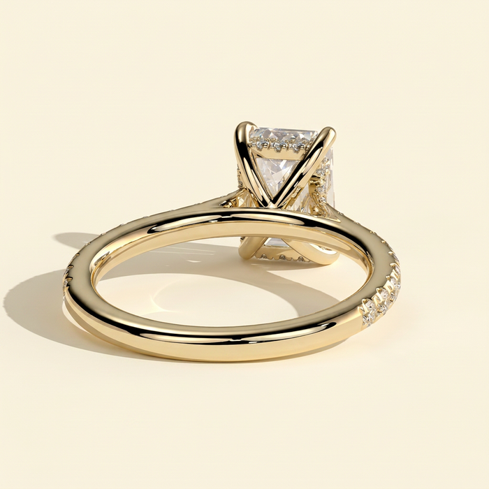 The Tamsin - Emerald Cut Lab Grown Diamond Cathedral Solitaire with Hidden Halo and Pave Band Engagement Ring
