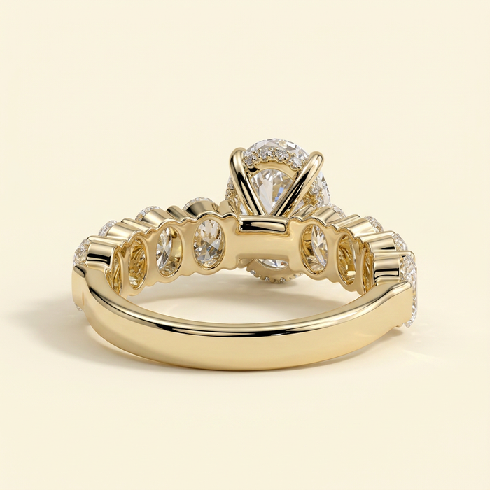 The Tesoro - Oval Cut Lab Grown Diamond Solitaire with Oval Half Eternity Band and Hidden Halo Engagement Ring