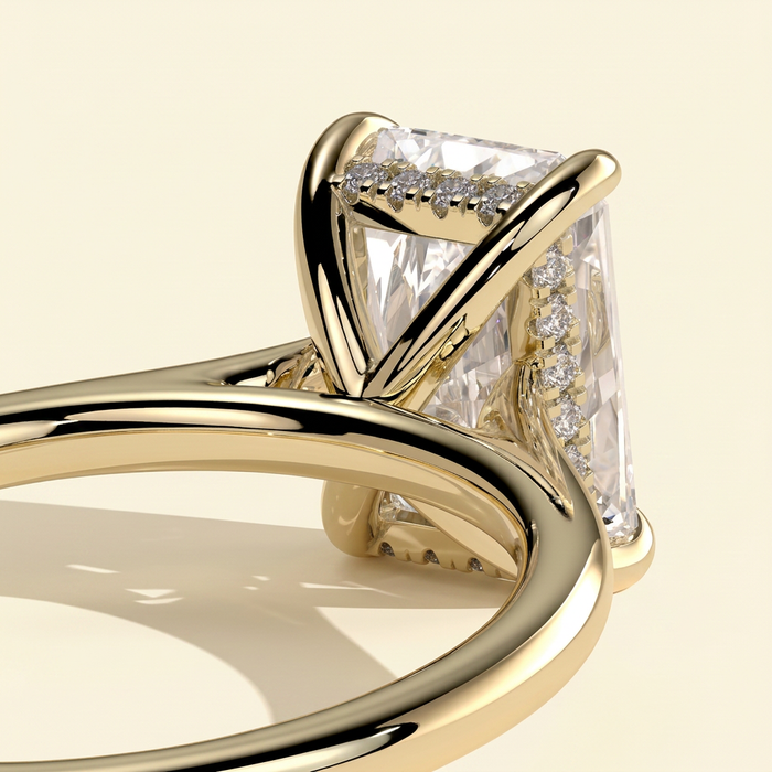 The Izar - Radiant Cut Lab Grown Diamond Four Claw Solitaire with Hidden Halo and Cathedral High Setting Engagement Ring