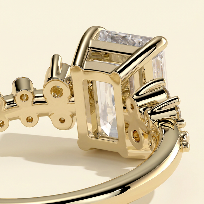 The Jemma - Emerald Cut Lab Grown Diamond Four Claw Solitaire with Clustered Round Shoulder Stones Engagement Ring