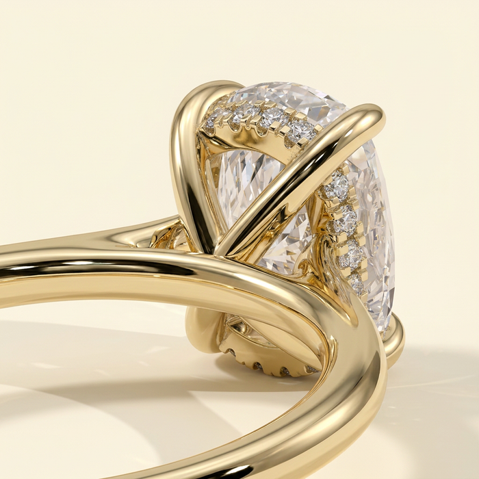 The Blythe - Elongated Cushion Cut Lab Grown Diamond Four Claw Solitaire with Hidden Halo and Cathedral High Setting Engagement Ring