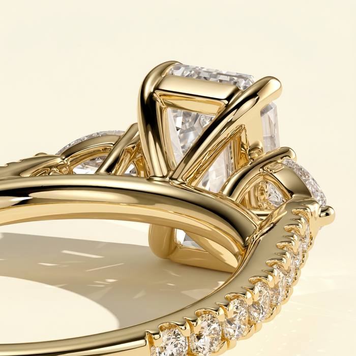 The Aluna - Emerald Cut Lab Grown Diamond Three Stone Ring with Pave Band