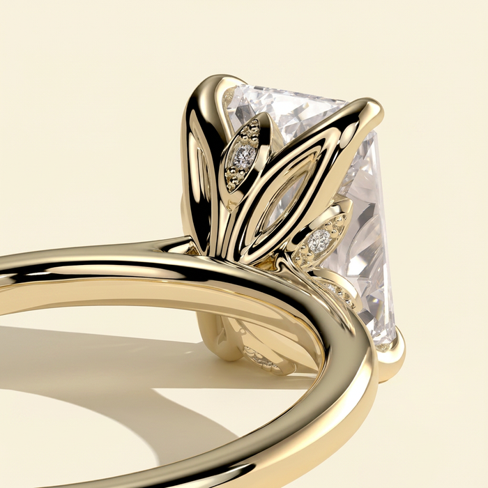 The Giada - Radiant Cut Lab Grown Diamond Claw Solitaire with Petal Gallery, Accent Leaf Detail and Cathedral Setting Engagement Ring