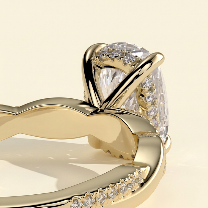 The Orella - Elongated Cushion Cut Lab Grown Diamond Hidden Halo Solitaire with Twisted Alternating Pave Band Engagement Ring
