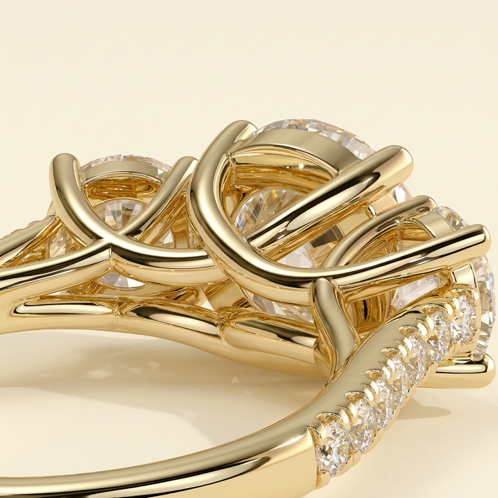 The Azure - Round Cut Lab Grown Diamond Three Stone with Round Side Stones and Pave Band Ring