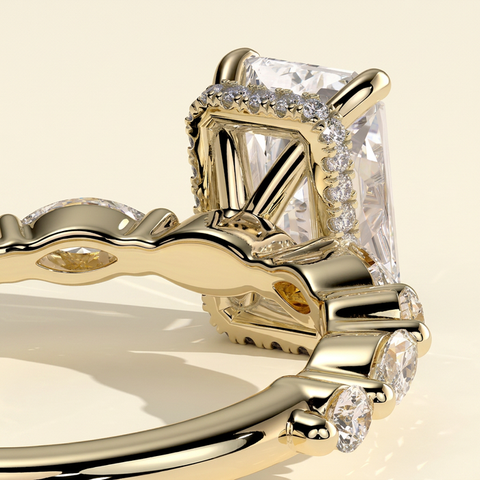 The Hana - Radiant Cut Lab Grown Diamond Hidden Halo Solitaire with Alternating Round and Marquise Accent Band Engagement Ring