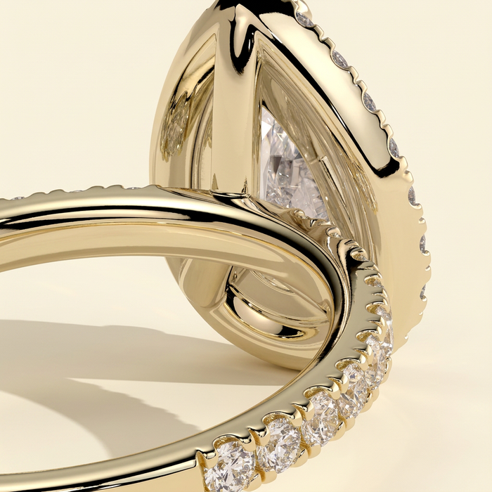 The Minelle - Pear Cut Lab Grown Diamond Three Claw Halo with Pave Band Engagement Ring